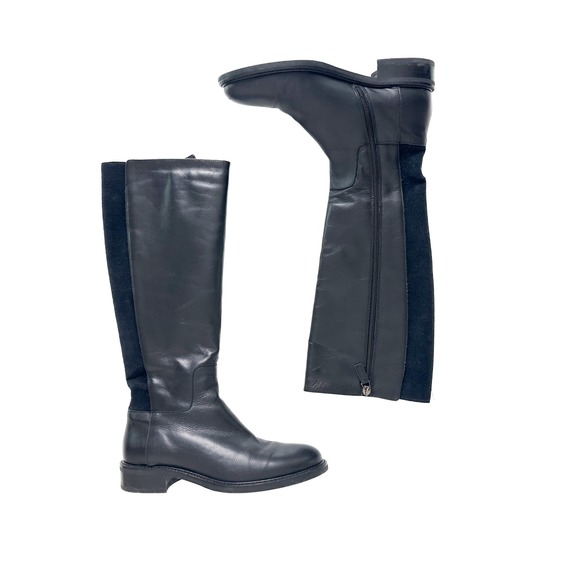 Aquatalia‎ Black Leather Knee High Boots Side Zip Stretch Panel Women Size 7